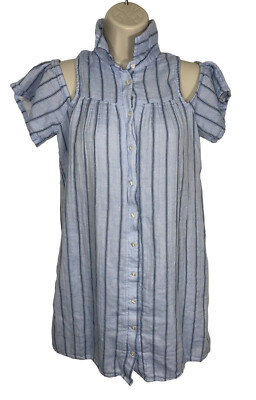 WHITE CROW Women's Size Small Cold Shoulder Button Up Blue Tunic 100% Cotton