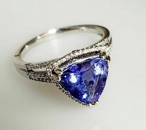 3Ct Trillion Cut Lab created Tanzanite Halo Engagement Ring 14K White Gold Over - Picture 6 of 7