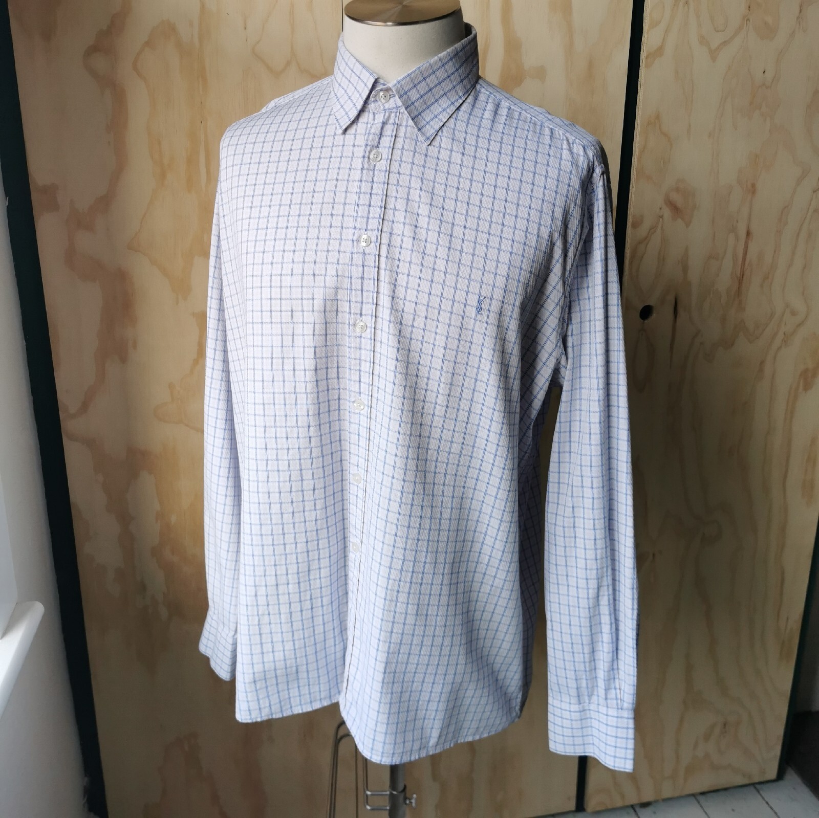 Yves Saint laurent Long Sleeve Button Up Check Shirt White Blue Lilac XL VGC