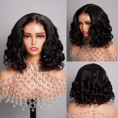 Echthaarperücken UK Damen Full Glueless Wear & Go Wavy Lace Front Short Bob Wig