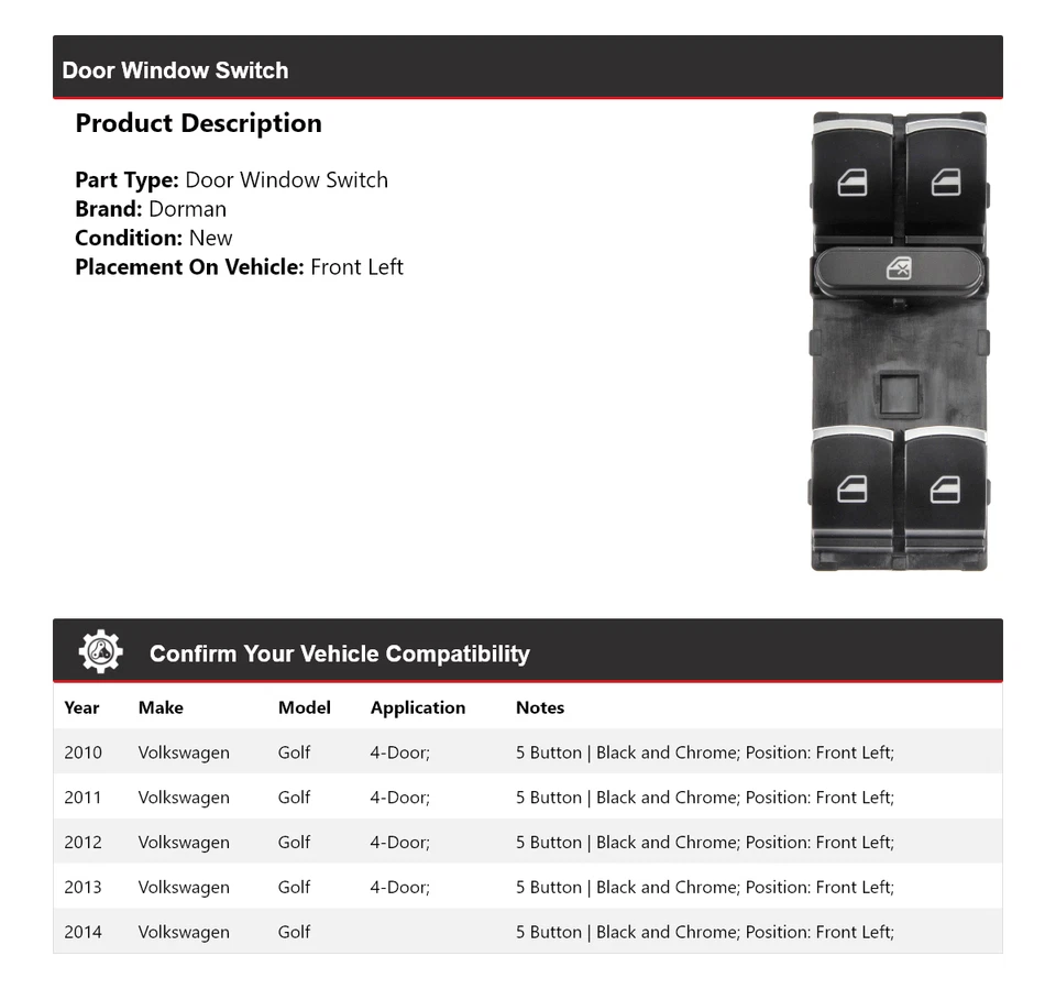 Interruptor de ventana de puerta delantera izquierda para Volkswagen Golf Dorman 2010-2014 2011 2012 Foto 2 de 4