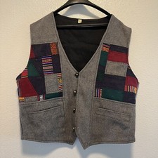 Vintage 100 Wool Patchwork Vest Size XL Made In Nepal Lotus Buttons Unique Gift
