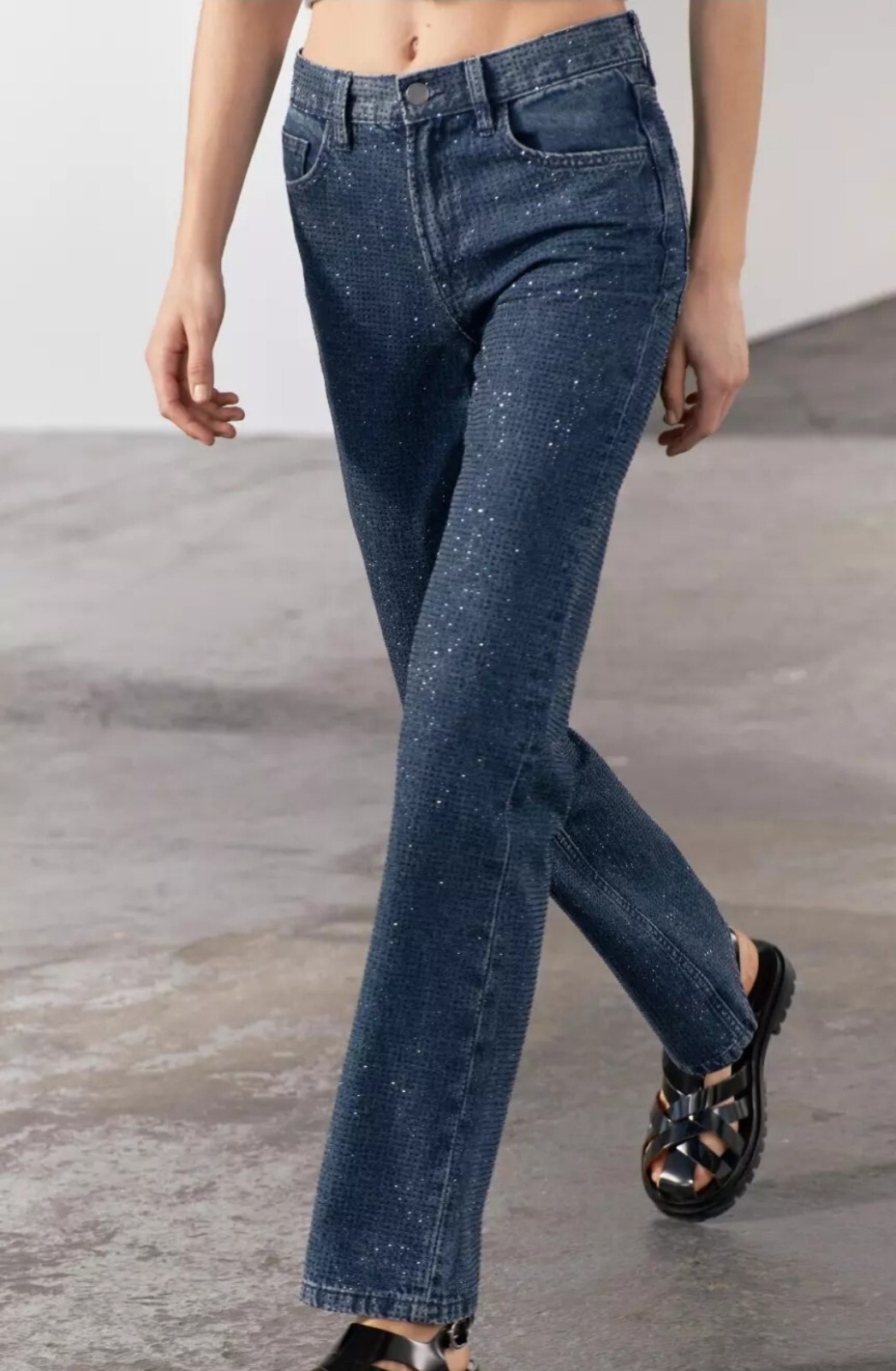 $109 Zara ZW Sz 2 Bootcut High Waist Rhinestone Sparkly Jeans Blue 2449/252 SS24 image 9