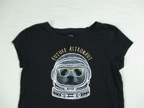 Gap Kids T Shirt Girls L 10-11 Black Tee Cap Sleeve Dog Astronaut Glitter Cotton - Picture 5 of 14