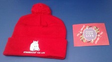 2021 Starbucks For Life Lim Ed. Beanie - red with pom pom and yeti w/ Card New