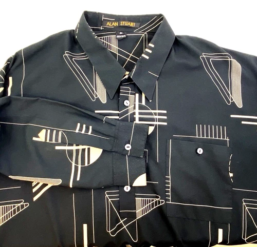ALAN STUART Mens 3X Black Tan Shirt Retro MCM 4-Button Banded Hem Long Sleeve