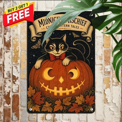 Curled Scroll Banner Halloween Cat Jack O Lantern Poster Gothic Metal Tin Sign
