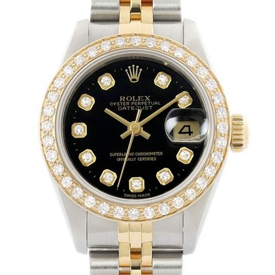 Rolex Datejust Black Diamond 18K Yellow Gold & SS Jubilee Band Watch 69173