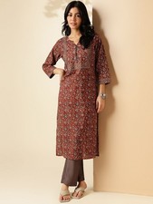 Indian Women Brown Cotton Abstract Printed Kurta Kurti Causal Top Tunic Dress