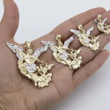 Diamond-Cut St. Michael Archangel and the Devil Pendant Real 10K Yellow White Go