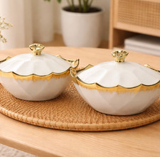White Gold Trim Ceramic Serving Bowl Set With Lids Elegant Covered Dish 2 Piece