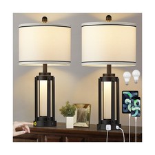 25" Modern Table Lamps Set of 2, Industrial Beside Lamps with USB A C Chargin...