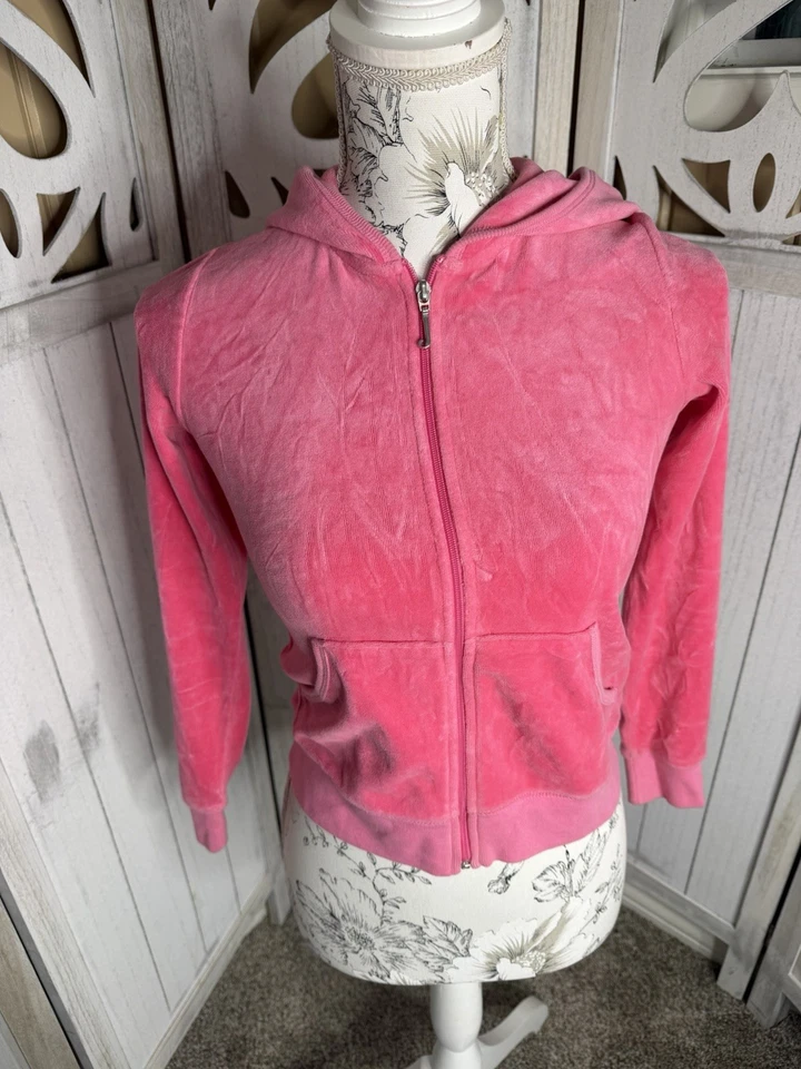 Y2K Juicy Couture Pink Velour Zip-Up Hoodie Sz 10 Girls Sparkle Graphic - Image 2 of 4