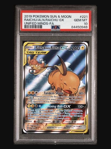 Raichu & Alolan Raichu GX 221 Unified Minds Pokemon Card PSA 10 tag team alt art