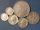 LOT 6 US SILVER COINS 1921 MORGAN SILVER DOLLAR 1936 LIBERTY HALF $ 2 QUARTERS