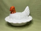 ✨Vintage Find✨ Mosser White Milk Glass Hen on Basket Orange Head UV Glow
