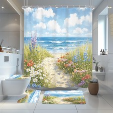 4 PCS Ocean Beach Shower Curtain Set Blue Sea Summer Bathroom Set Rugs Mat