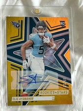 Elic Ayomanor RC Auto 5/10 Jersey # 2025 Rookies & Stars Rookie Gold auto 1/1