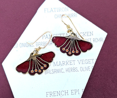  Laurel Burch PEONY Flower Earrings Dangle Drop Small Red Burgandy Gold Tone