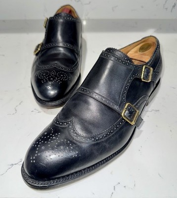 J.M. Weston 334 Double Monk Strap Wingtip Shoes Black Leather 11E Made France