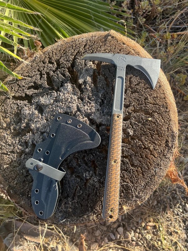 RMJ TACTICAL KESTREL FEATHER HYENA BROWN G10 TOMAHAWK AXE 13" TUNGSTEN