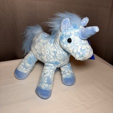 NWT 2012 Toys R Us Plush Blue White Textured Floral Unicorn Stuffed Animal 11"