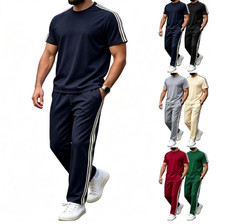 Mens Summer Casual Sports Set Short Sleeve Tee Long Pants Striped Tracksuit