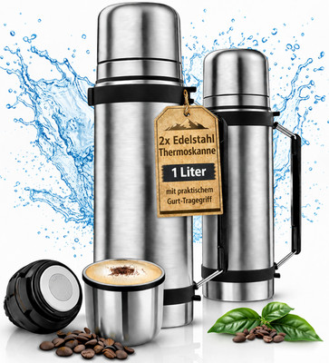 2x Edelstahl Thermoskanne 1L mit Tragegriff & Becher   Thermosflasche Kaffee Tee