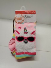 3pr Girls Knee High Socks Llama w/Horn, solid pink, blue w/stars. Sz M 10.5-4 