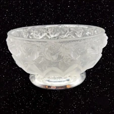 Frosted Satin Crystal Rose Pattern Compote On Silverplate Base Made West Germany