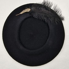 Vintage Black Wool Ladies Beret Hat Feather  Charm
