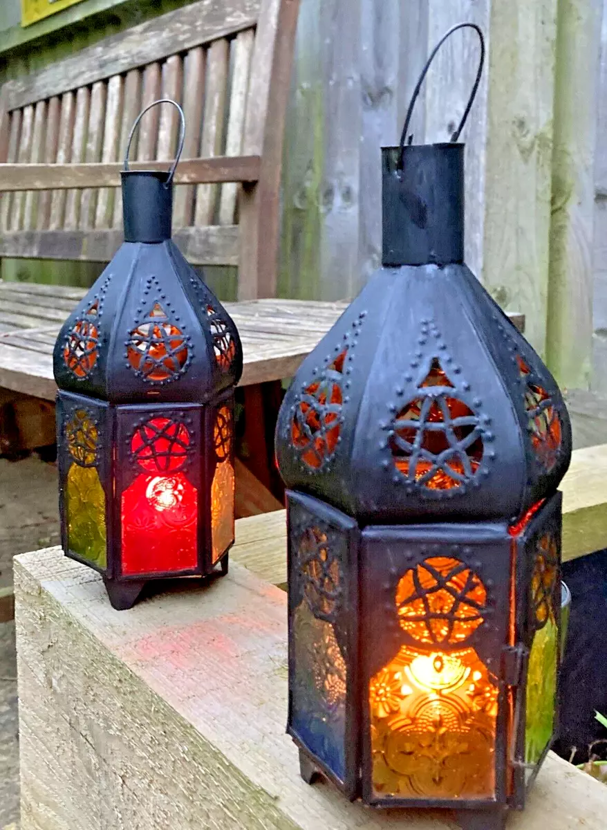 Black Moroccan Lantern holds candle or nightlight 6 coloured glass windows
