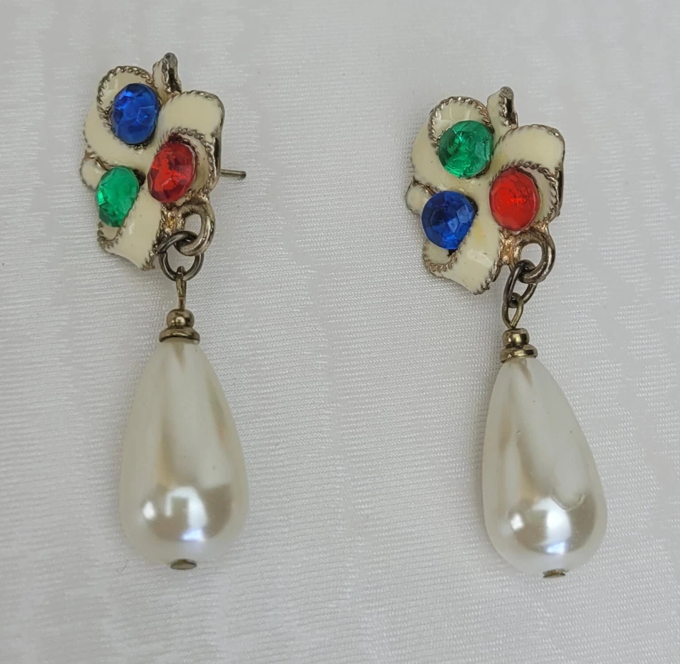 Pendientes de lágrima colgantes vintage con lazo crema verde azul rojo diamantes de imitación de perlas Foto 2 de 4