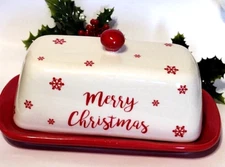 MERRY CHRISTMAS Butter Dish 2 Pieces Red Snowflakes