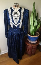 Vintage 1980  s Navy Blue  Lace Victorian Inspired Scott McClintock Dress, S