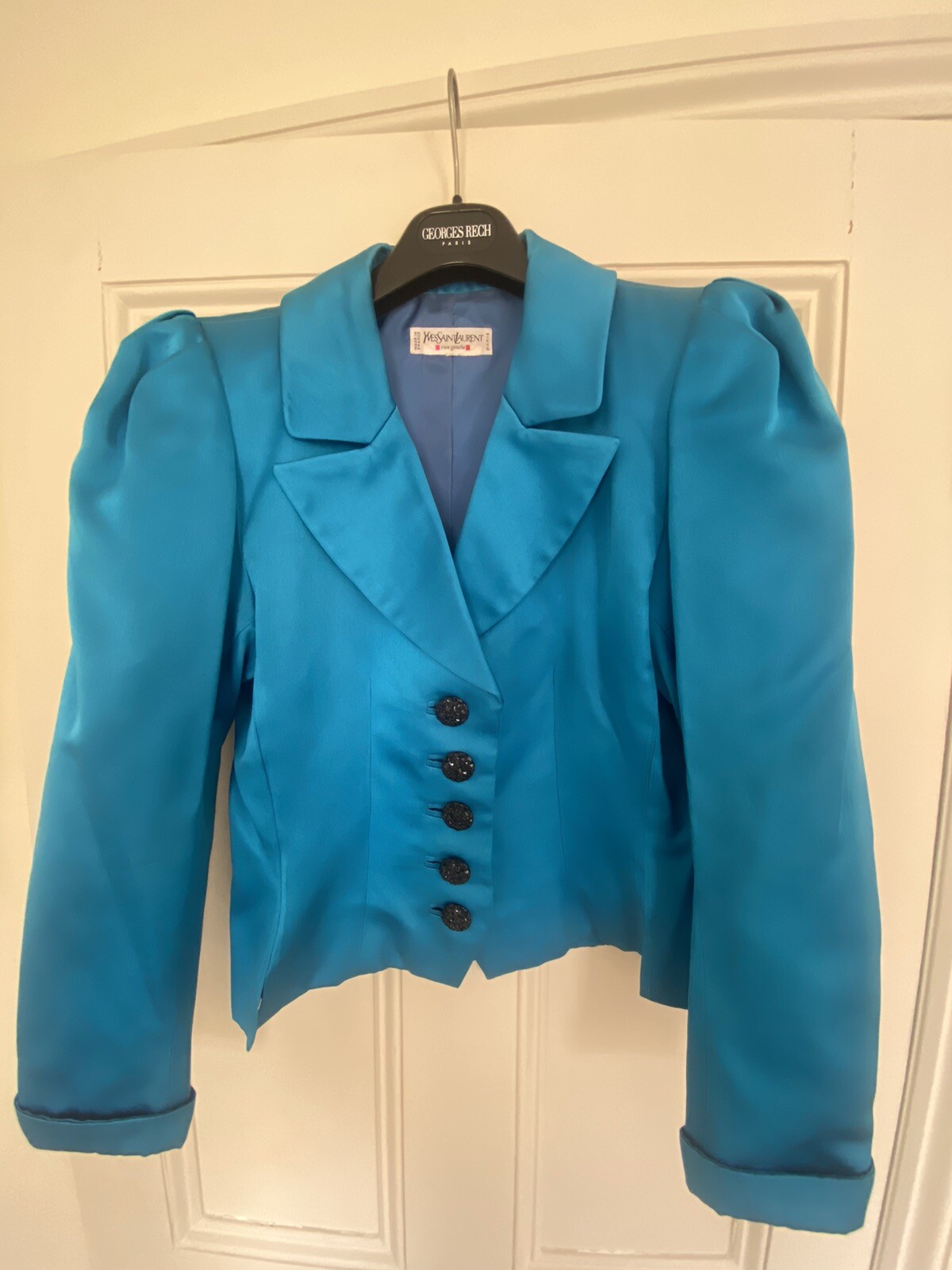 Giacca smoking Yves Saint Laurent Rive Gauche donna blu raso seta circa 12 14 UK