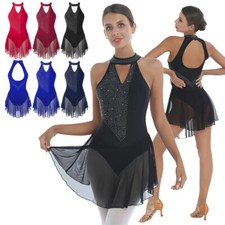 Womens Girls Rhinestone Figure Ice Skating Dress Gymnastics Dance Leotard Skirts