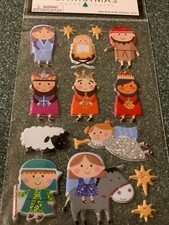 CHRISTMAS PAPER CRAFTS GLITTERED WISEMEN NATIVITY SCENE NOEL PUFFY STICKERS 14PC