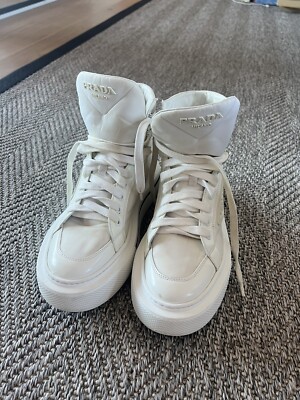 Prada Women White High Top Sneakers Nylon Leather Sz