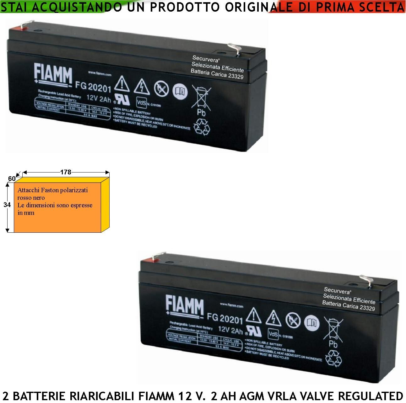 Kit Batteria Piombo Fiamm 12V 2Ah AGM VRLA - Ricambio Allarme
