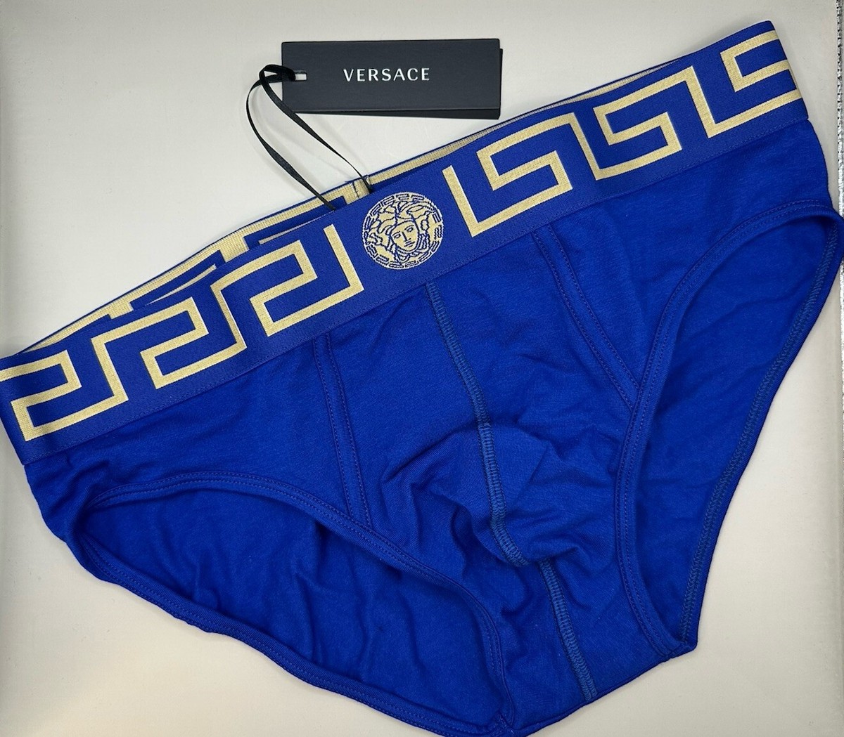 【関税込み】Versace Underwear ブルー 水玉 スリッパ Versace Greca Iconic low rise brief slip Blue Men's Size 8