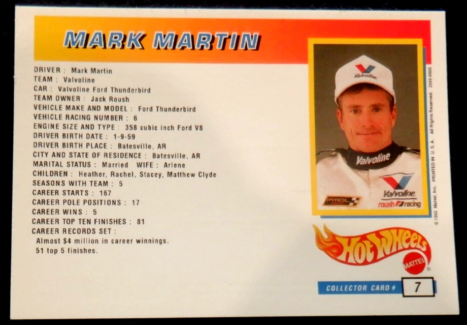 Mark Martin Nascar promo card 1992, Hot Wheels Premiere Edition - Image 2 of 2