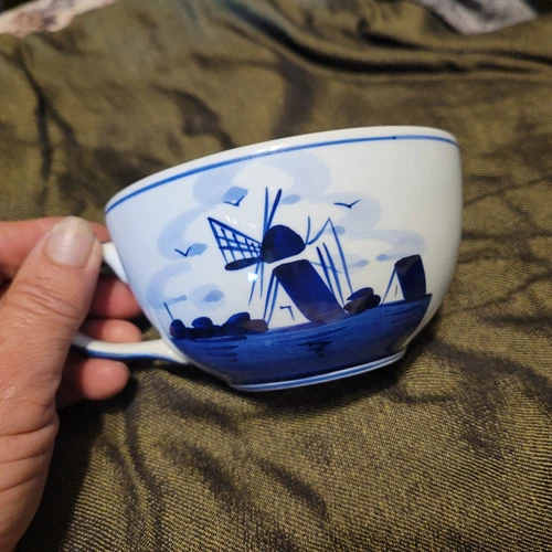 Vintage Delft Blue White Coffee Cup Hand Painted Windmill Floral Tea Mug  8oz