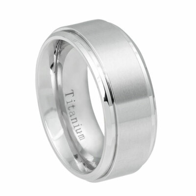 Men's 9mm Titanium Band White Titanium Ring Brushed Center Shiny Step Edge