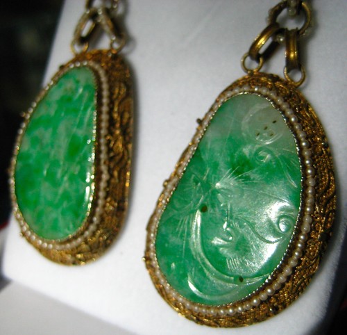 Antiq Chinese Jade Gold Gilded 925 Silver Filigree Drop LeverBack Earrings 3.5"L - Picture 6 of 15