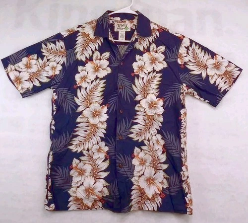 SmallHawaiian Shirt Men's Small Blue Hibiscus Floral Button Up Made In Hawaii Ky
