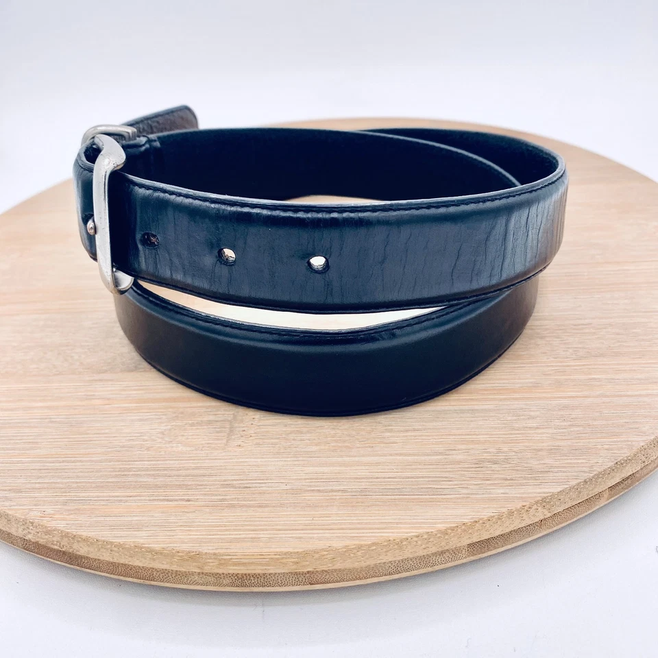 Cinturón vintage Lauren Ralph Lauren para hombre 38 negro grano completo cuero hebilla plateada Foto 4 de 4