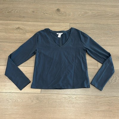 ATHLETA Blue Gray Essential V Neck Cotton Casual Long Sleeve Shirt Top Size XXS