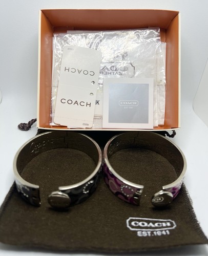 (2) COACH Signature C Bangle Bracelets Hinged Silver Pink And Grey Gemstones - Picture 8 of 8
