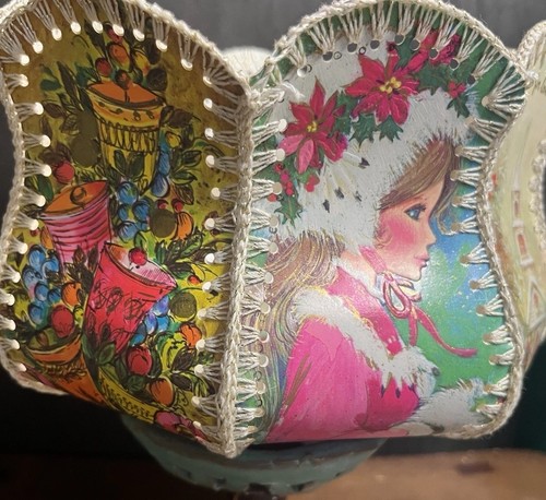 Vintage Weihnachtskarten Schüssel Halter handgefertigt gehäkelt Mid Century laminiert SCHÖN! - Bild 3 von 9